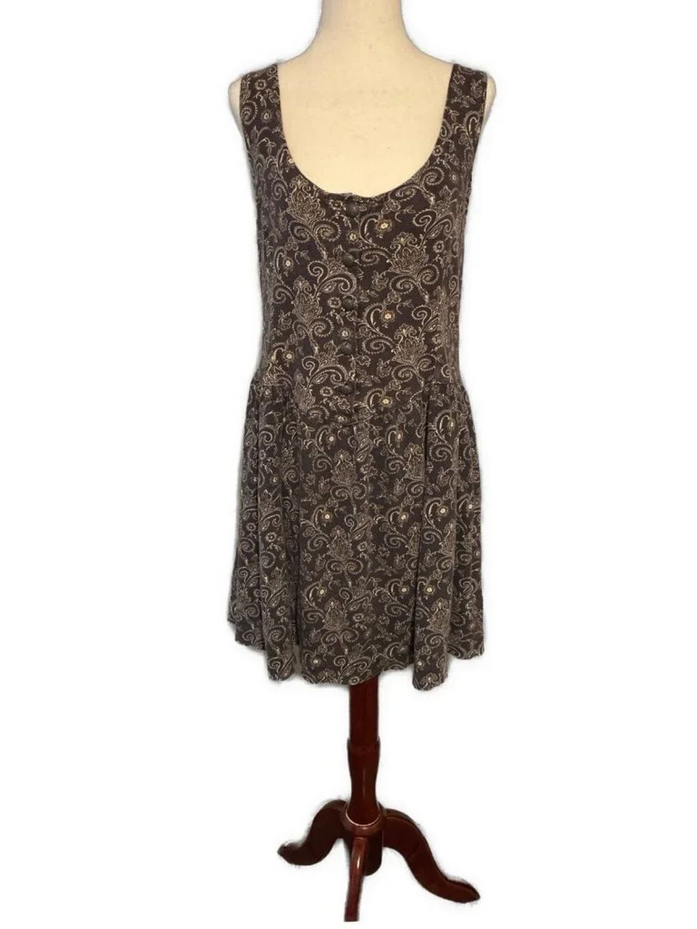 Free People Brown Paisley Fit Flare Low Back Button Front Mini Dress Small